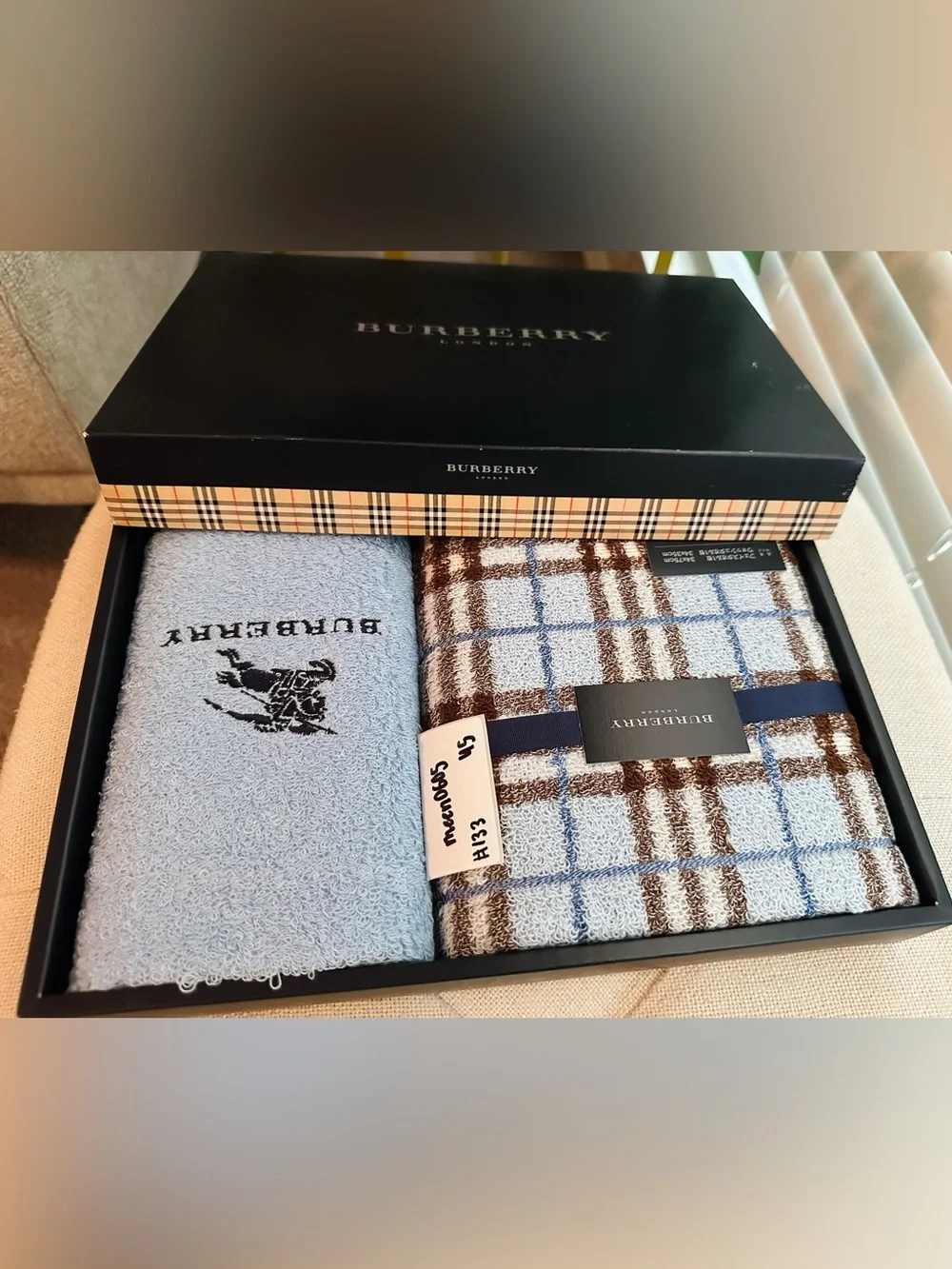 NIB | Burberry Light Blue & Brown Plaid Towel Set Face & Wash Towels 100% Cotton